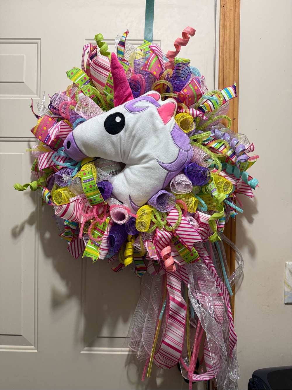 Handmade Unicorn Plush Deco Wreath - Colorful Ribbon Party Decor